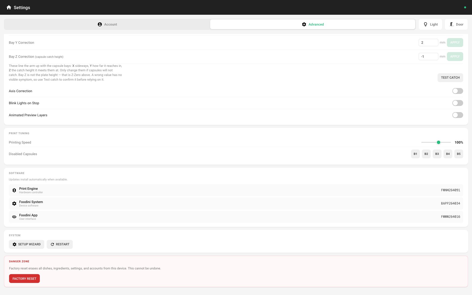 The Software, System and Danger Zone sections of the Advanced tab