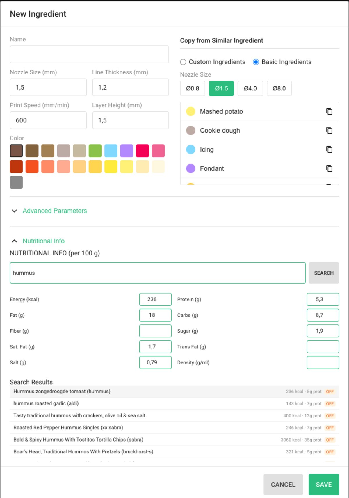 Nutritional Info section of the New Ingredient dialog, showing a search for hummus with the values filled in