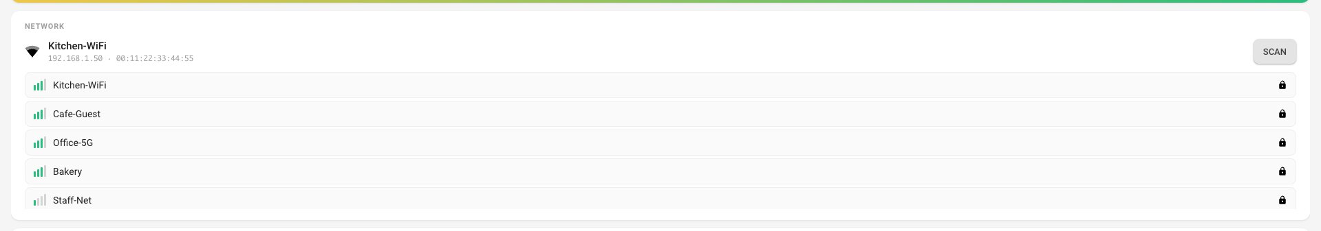 The Network card in Settings, listing nearby Wi-Fi networks after a scan